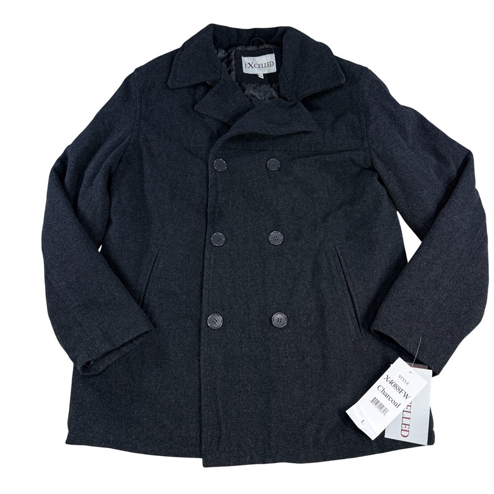 Excelled‎ Mens L Pea Coat Charcoal Wool Blend Double Breasted Jacket NWT